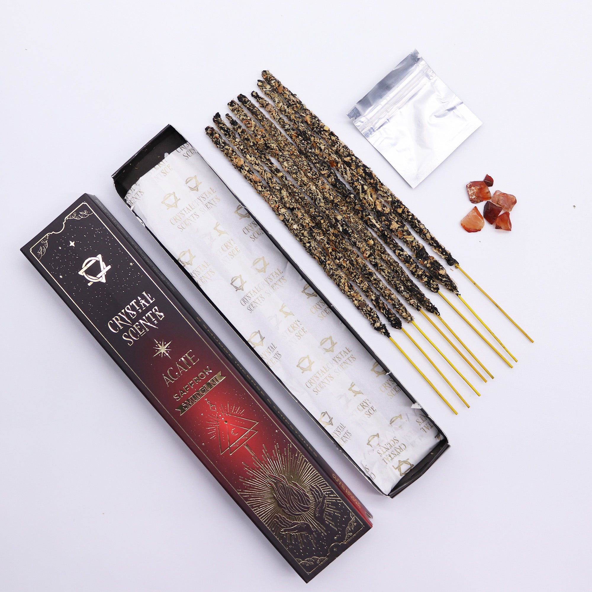 ❤️ Coffret Encens & Cristal d’Agate Rouge – Safran