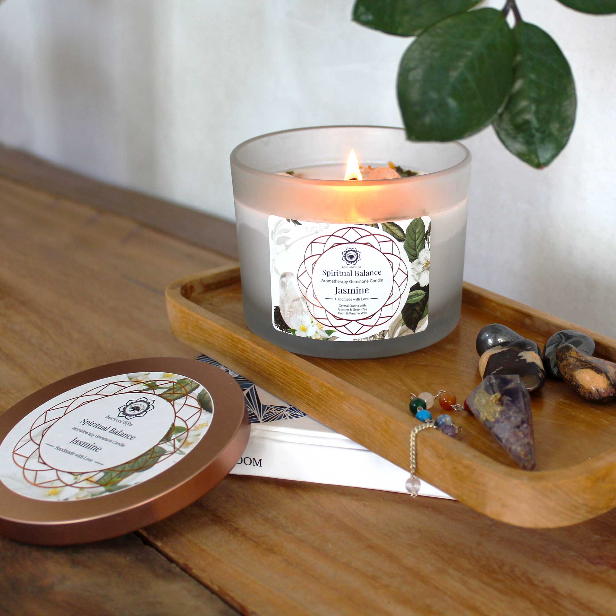 Bougie au Jasmin et Gemmes de Cristal de Quartz - Équilibre Spirituel
