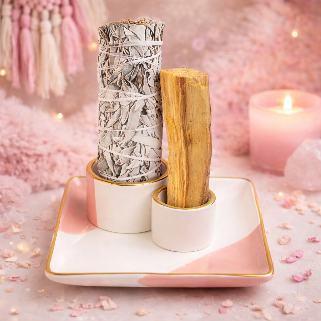 🌸 Brûleur Céramique Smudge & Palo Santo – Fleur Rose, Blanc & Or 🌸