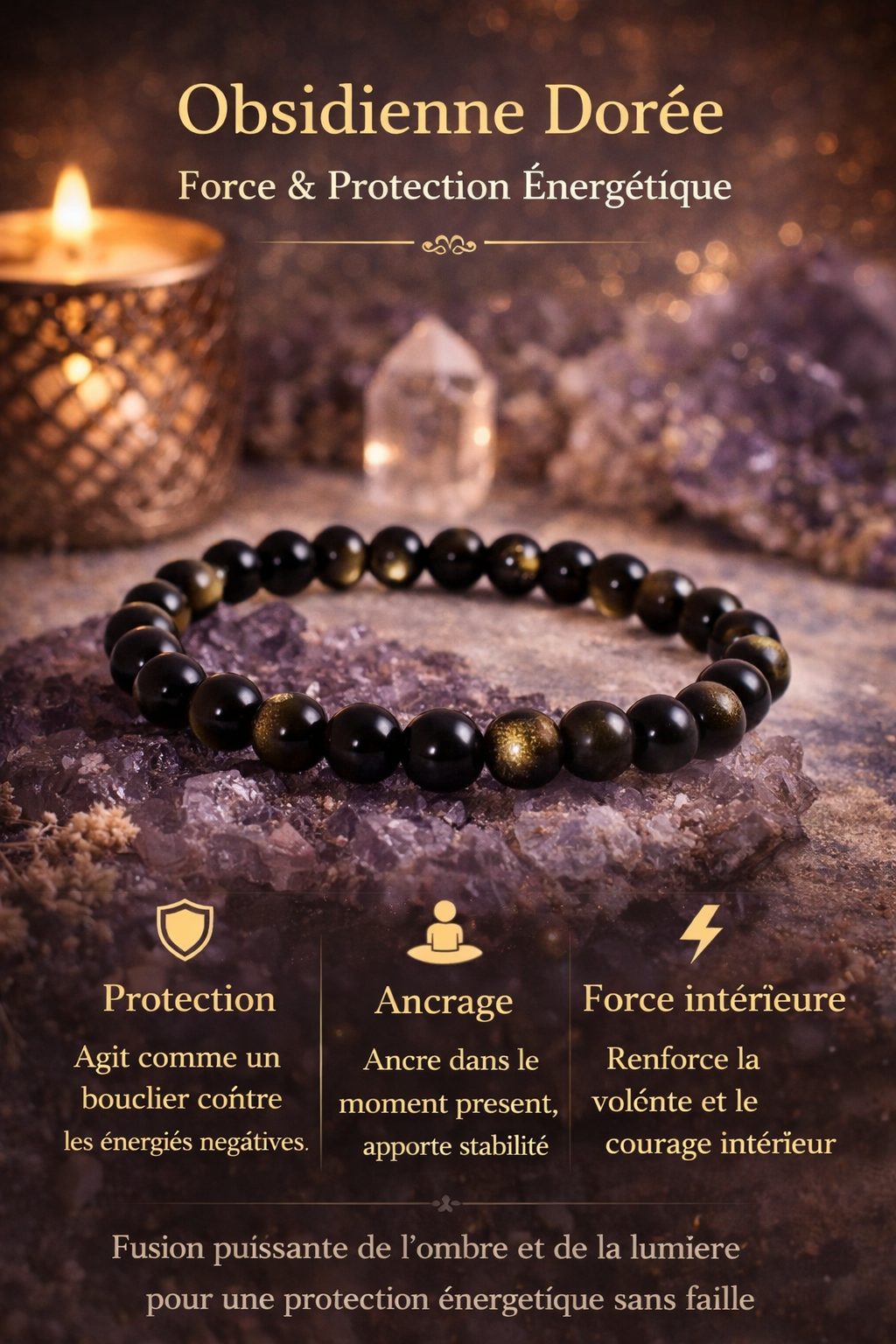🌟 Bracelet Enfant Obsidienne Dorée – Protection & Confiance Intérieure 🖤✨
