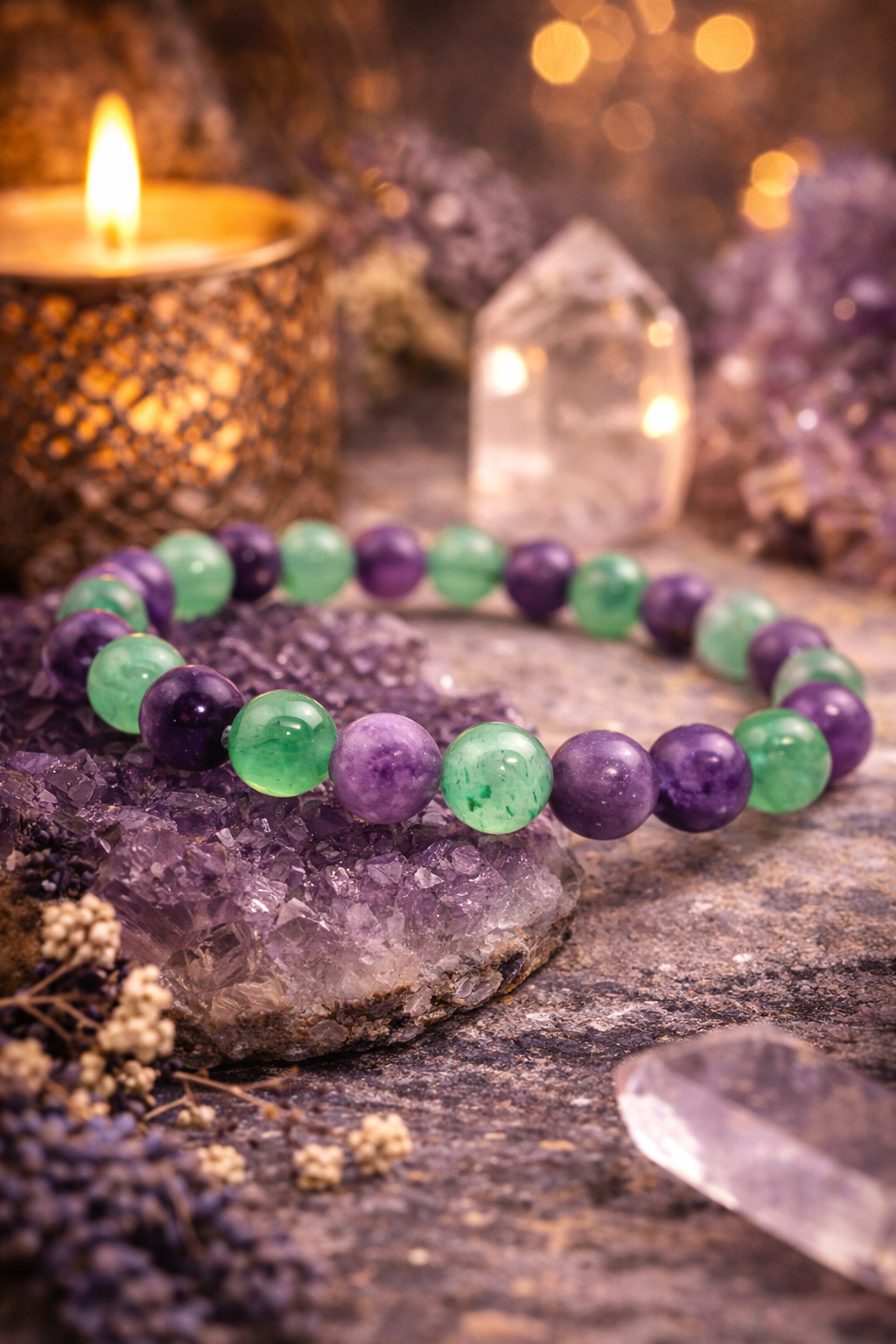 💚 Bracelet Aventurine & Lépidolite – Apaisement & Équilibre Émotionnel 🌙✨