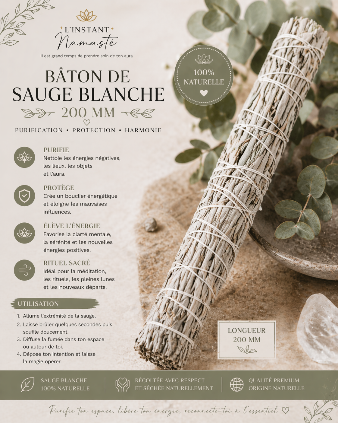 🌿✨ Bâton de Sauge Blanche – 200 mm ✨🌿