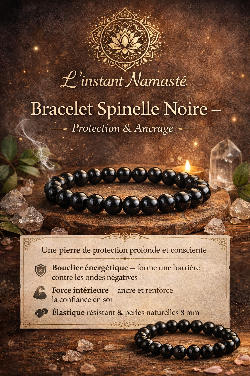 🖤 Bracelet Spinelle Noire — Perles 8 mm 🌌