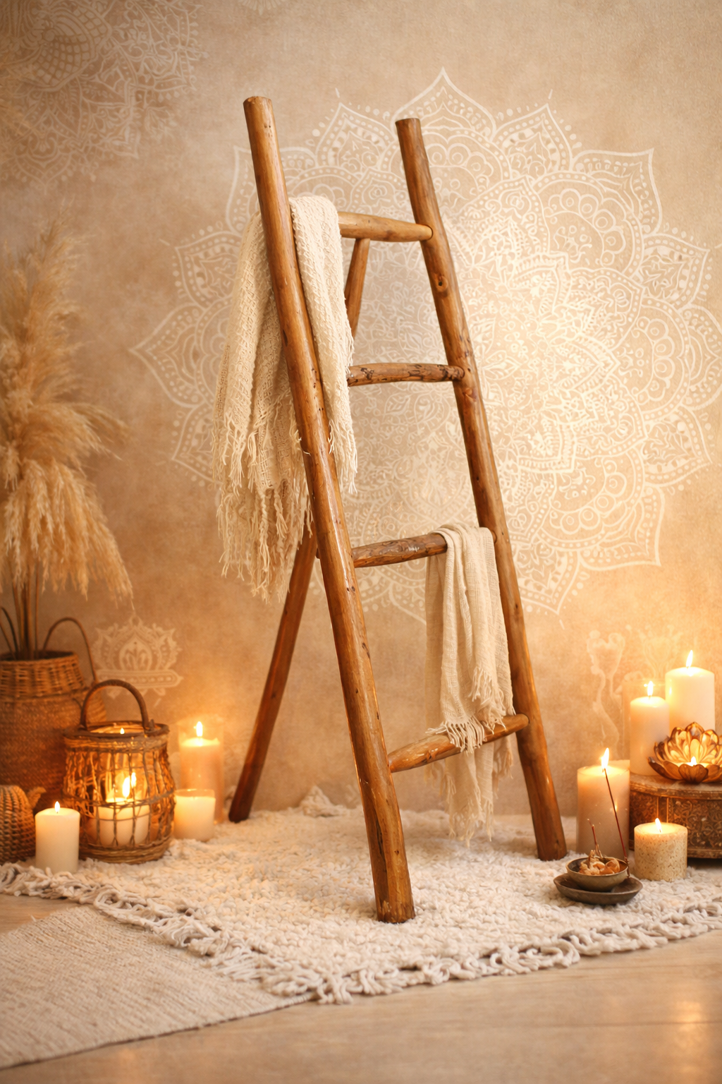 🪵 Échelle Décorative en Bois Naturel – Esprit Bohème & Zen