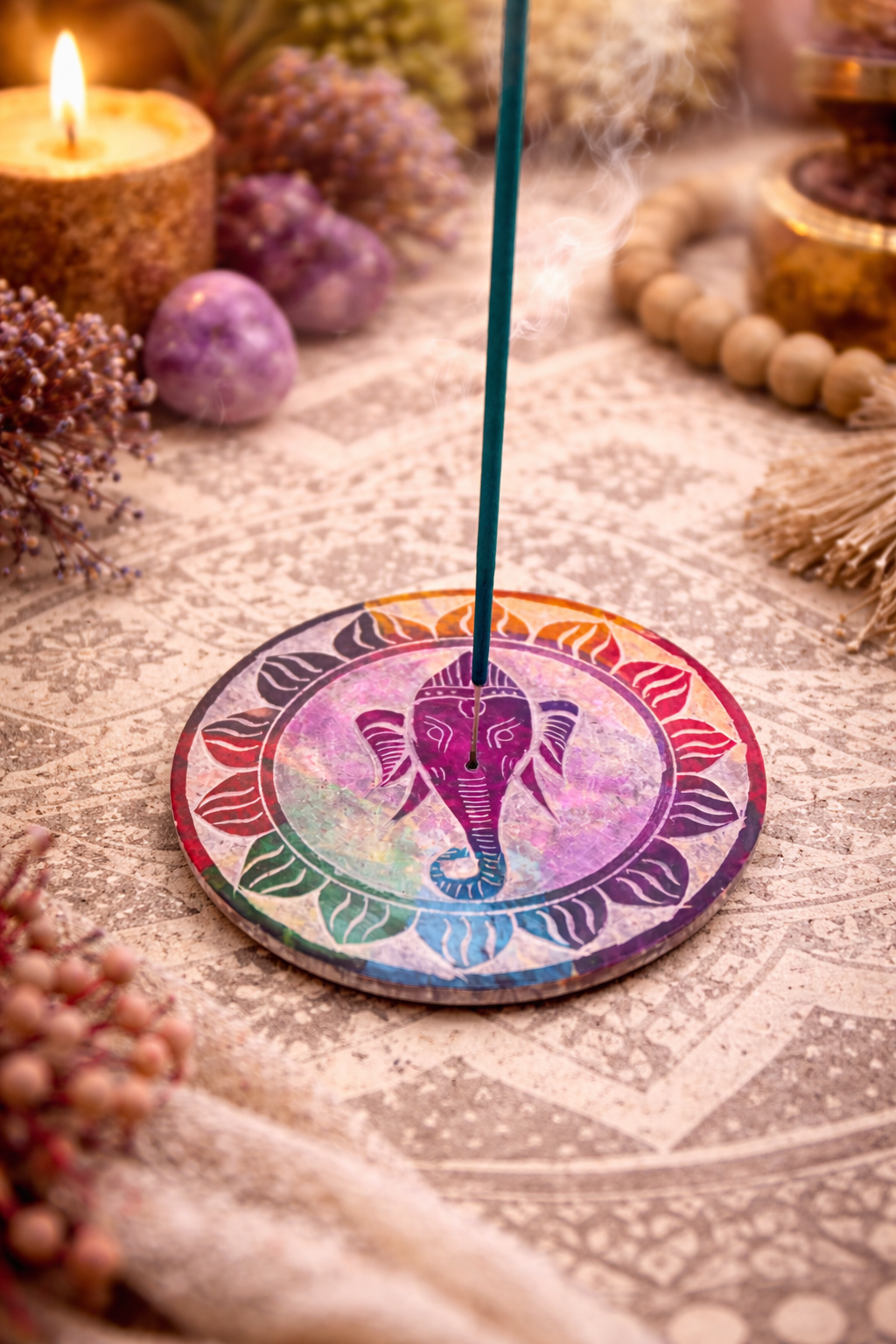🕉️ Porte-Encens en Pierre à Savon – Disque 10 cm – Ganesha