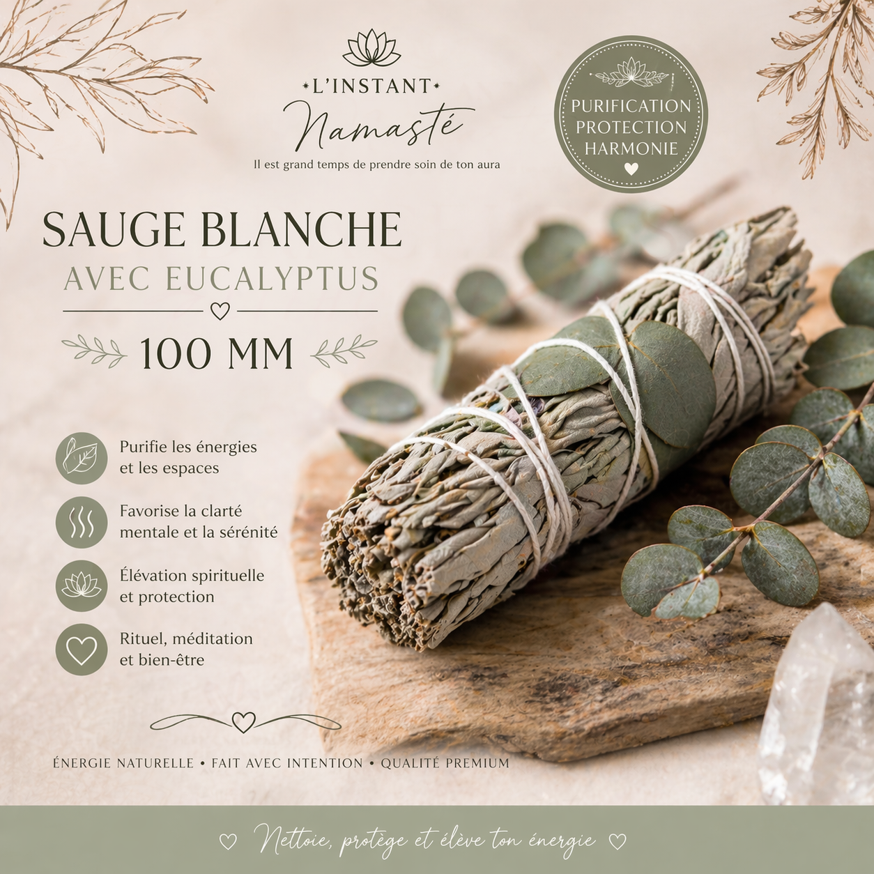 🌿✨ Sauge Blanche & Eucalyptus – 100 mm ✨🌿