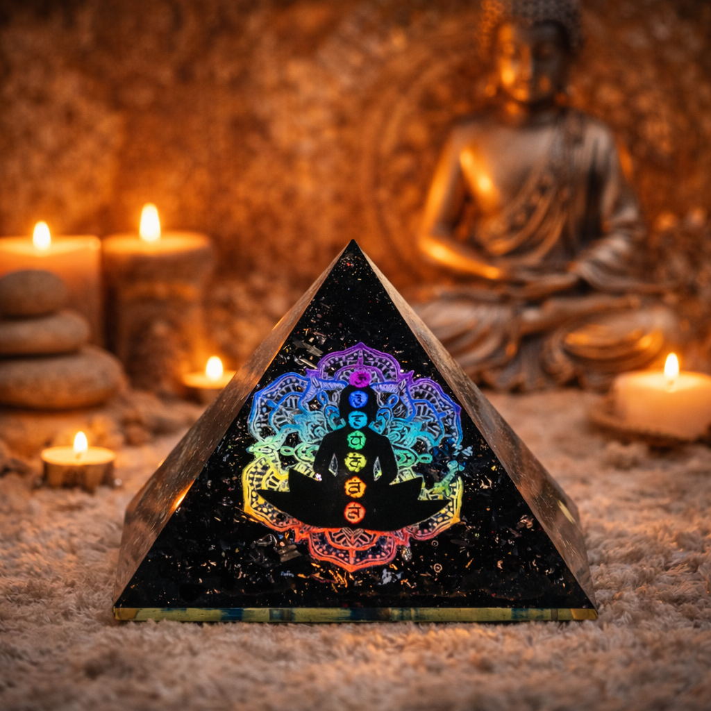 🌈 Pyramide Orgonite Chakra Bouddha Tourmaline Noire – Protection & Harmonie ✨ L’Instant Namasté – Herve