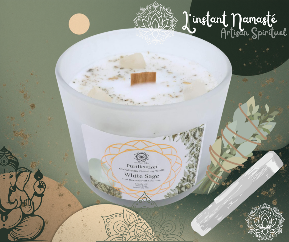 🕊️ Bougie “Purification” – Sélénite & Sauge Blanche 🌿✨