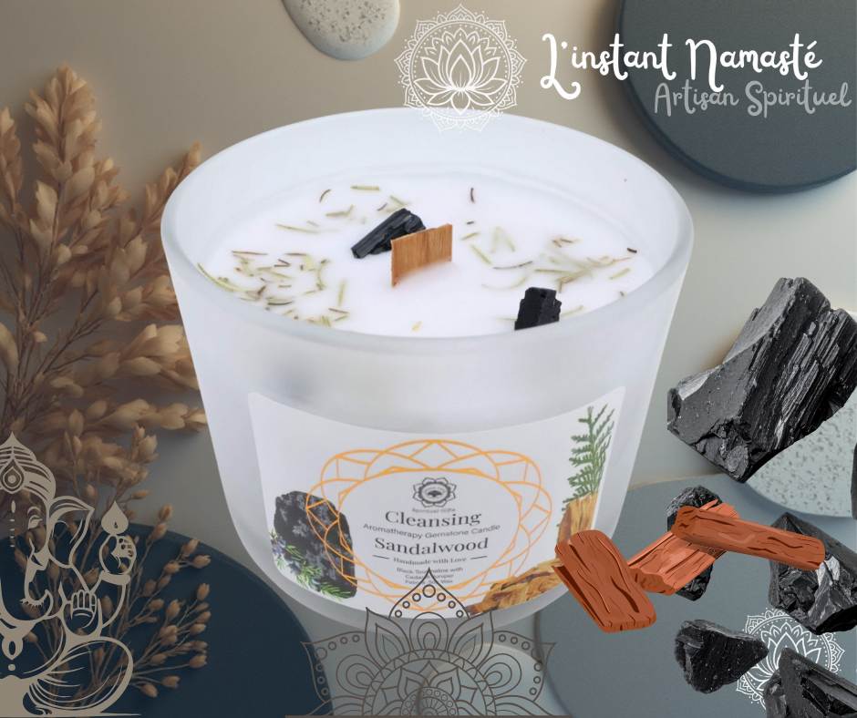 🕯️ Bougie “Nettoyage” – Tourmaline Noire & Santal 🖤✨