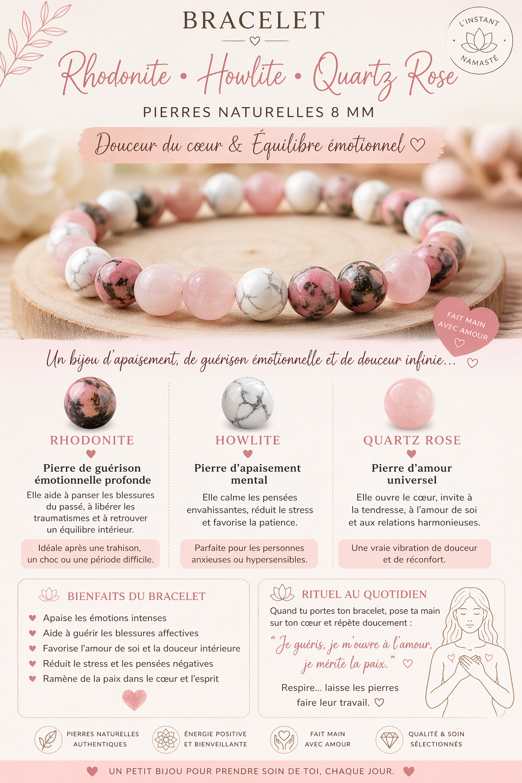 🌸  Équilibre Émotionnel Rhodonite • Howlite • Quartz Rose 🌸
