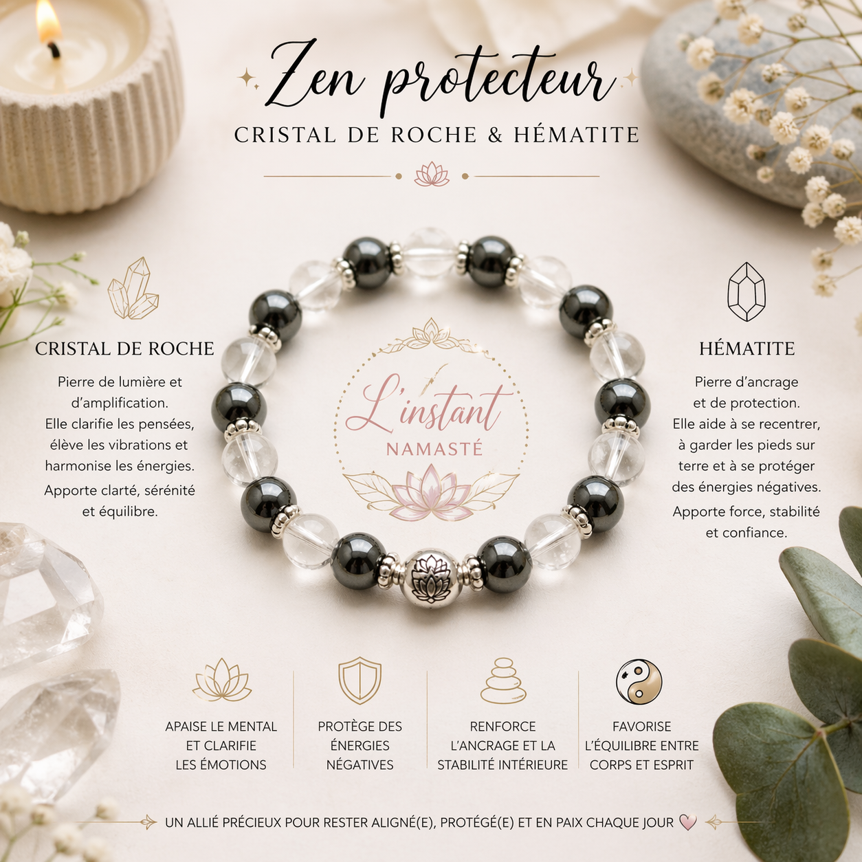 🌿✨ Bracelet “Zen Protecteur” – Cristal de roche & Hématite ✨🌿