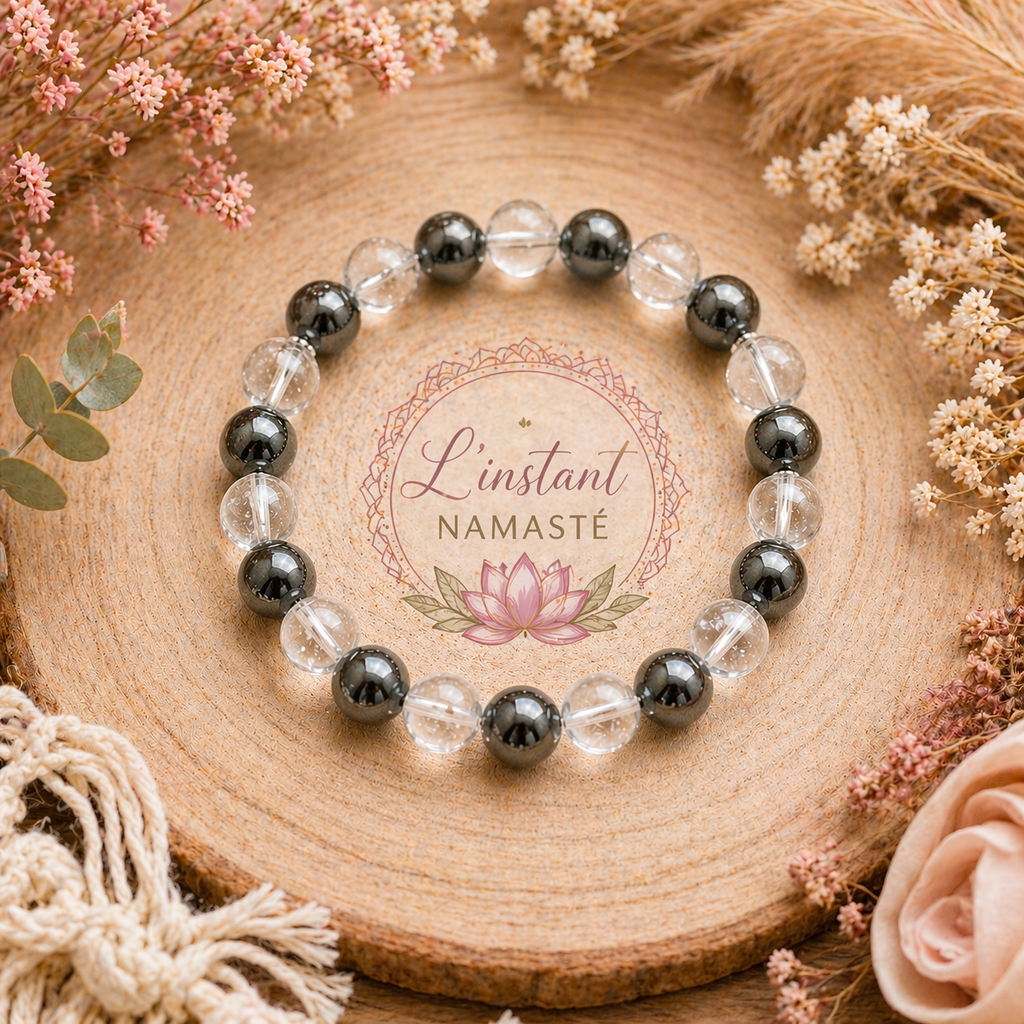 🌿✨ Bracelet “Zen Protecteur” – Cristal de roche & Hématite ✨🌿