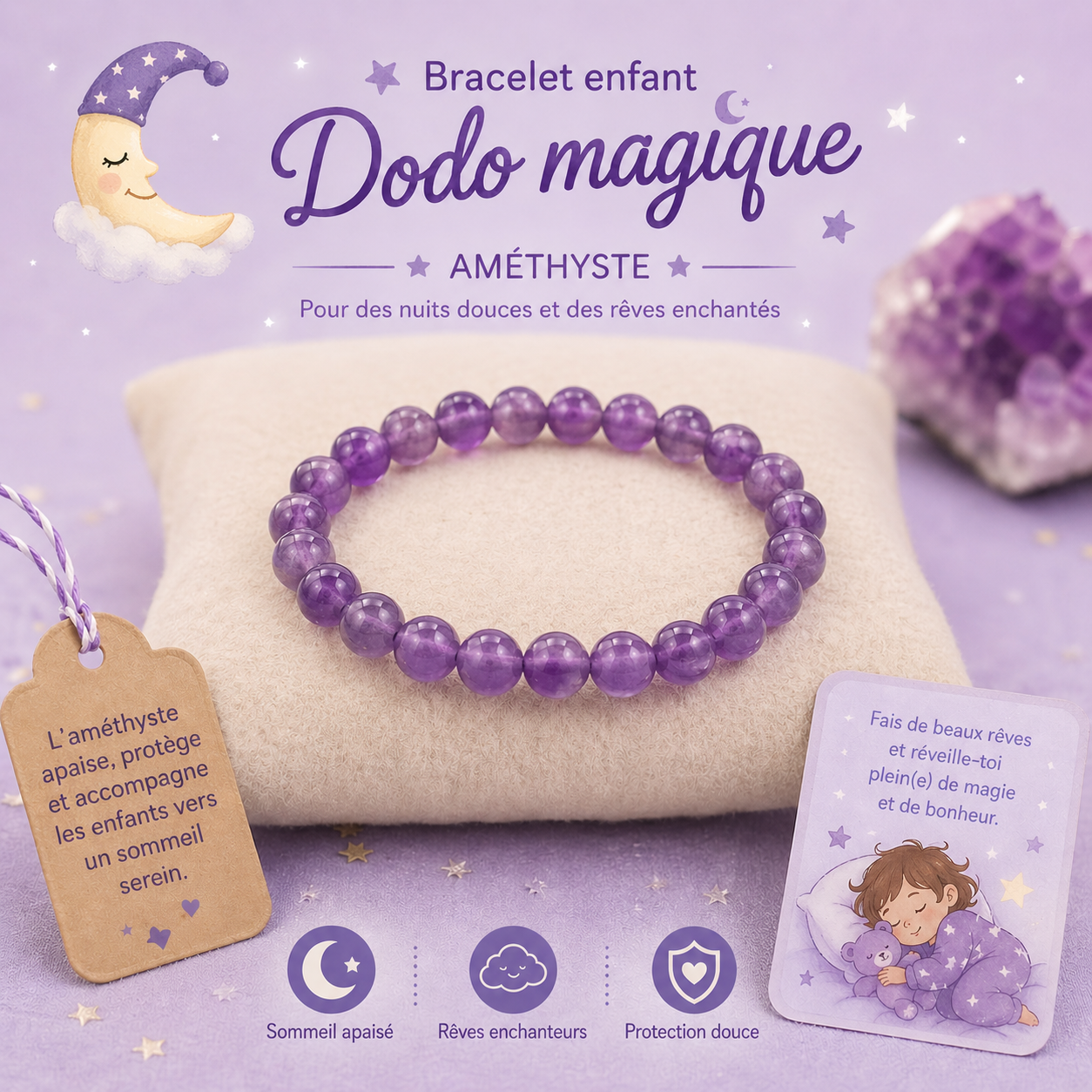 🌙 Bracelet enfant « Dodo magique » – Améthyste