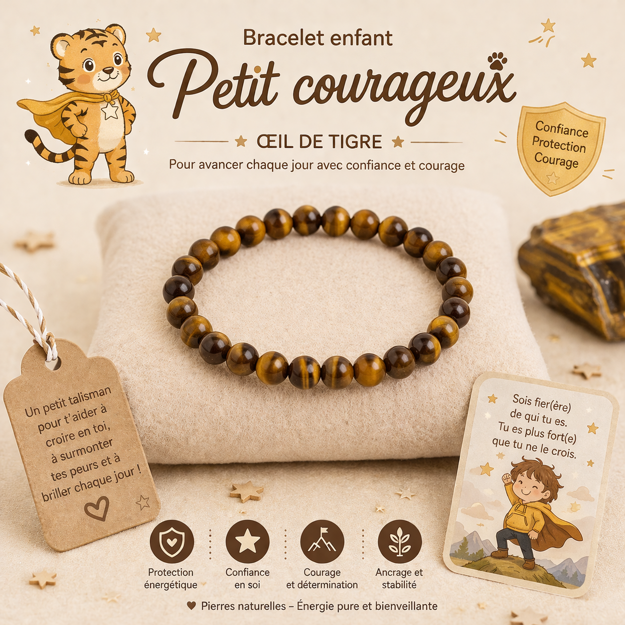 🐯 Bracelet enfant « Petit courageux » – Œil de tigre