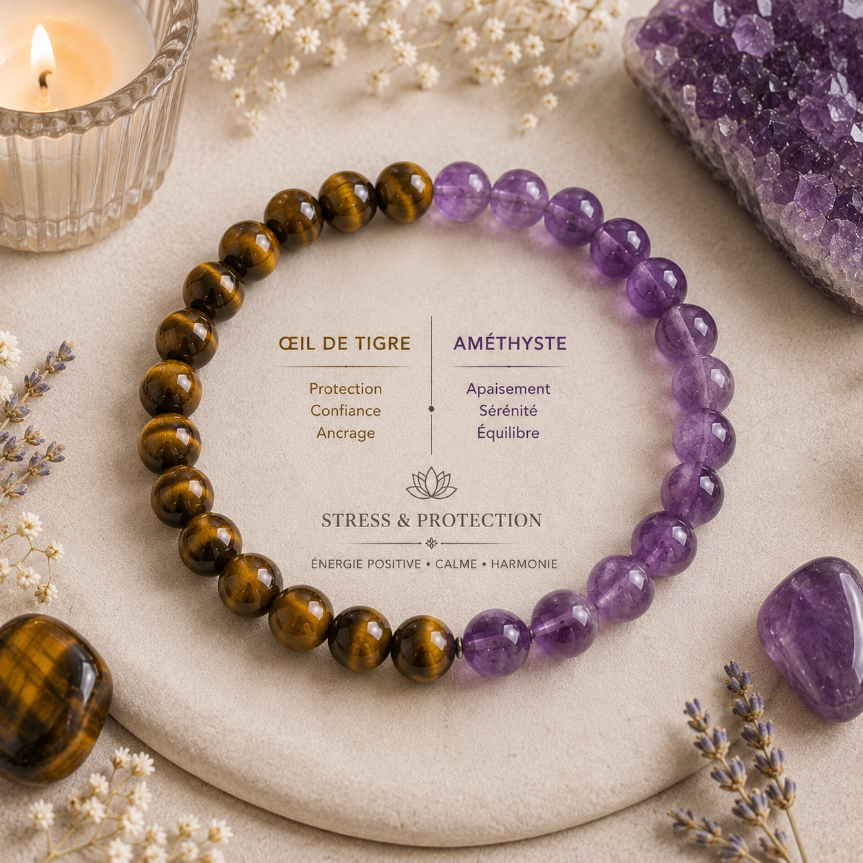 🪬✨ Bracelet Stress & Protection
💜🟤 Œil de Tigre & Améthyste 8 mm