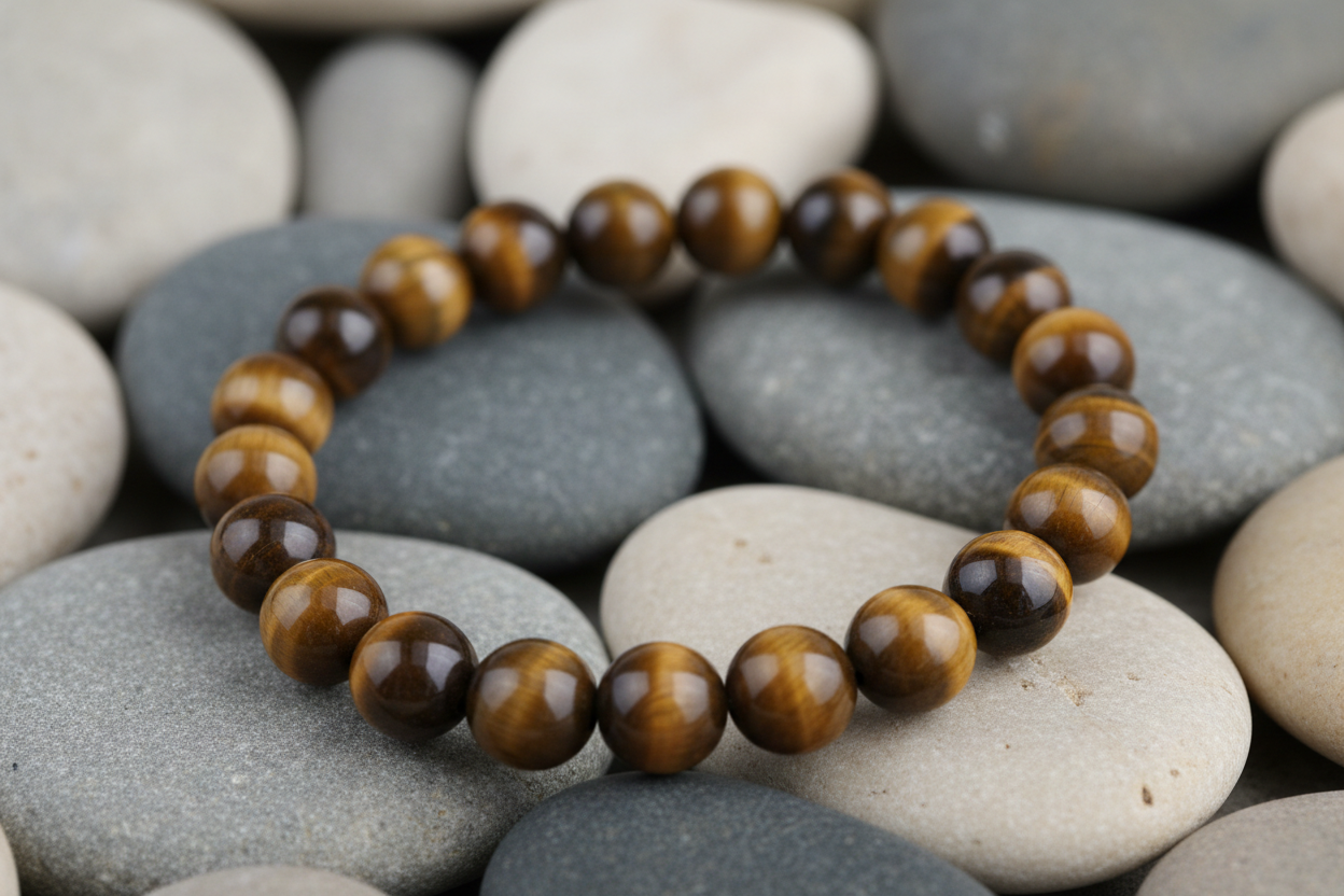 Bracelet simple oeil de tigre boule 6 mm, fond galet 