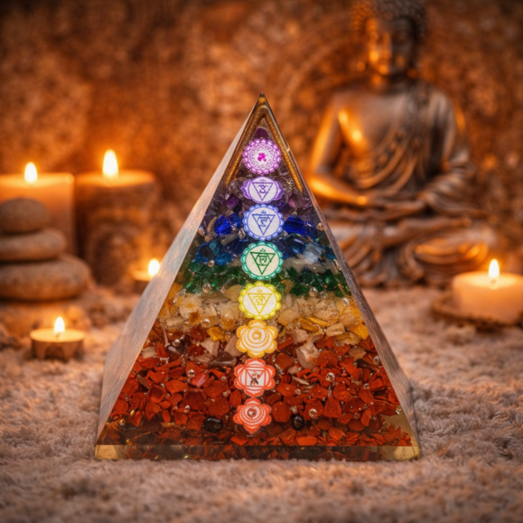 🌈 Pyramide Orgonite 7 Chakras & Barres Cuivre – Équilibre & Harmonie ✨ L’Instant Namasté – Herve