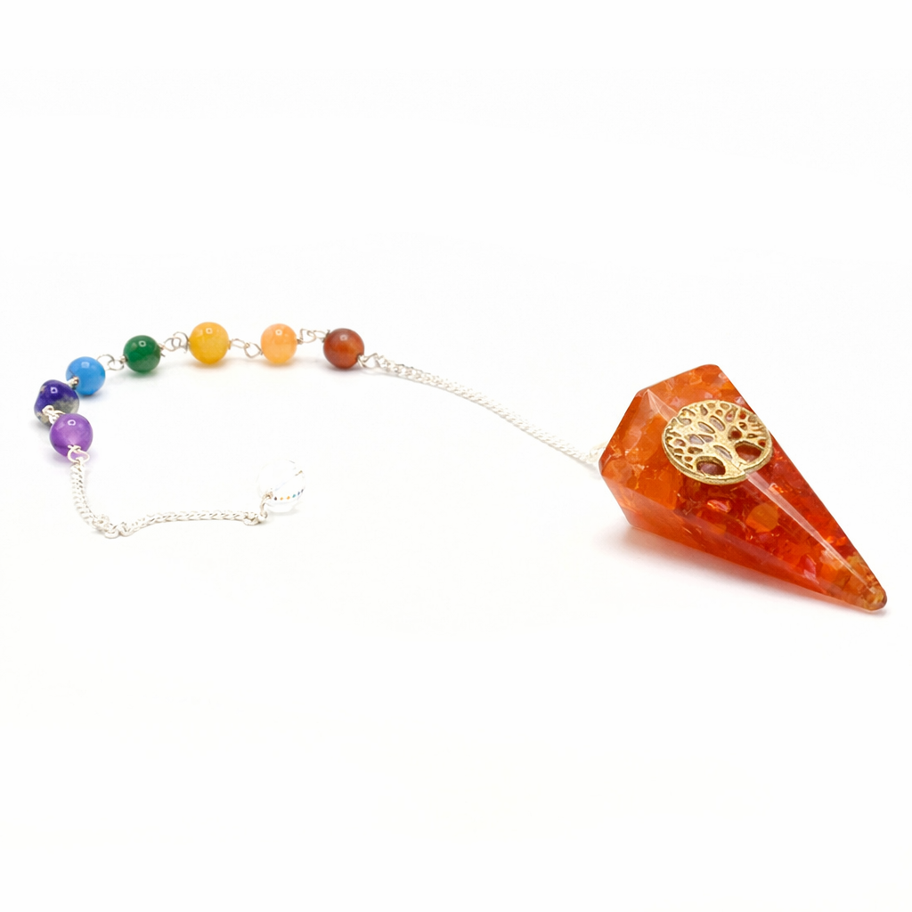 🌀 Pendule Orgonite de Puissance Chakra – Arbre de Vie Cornaline