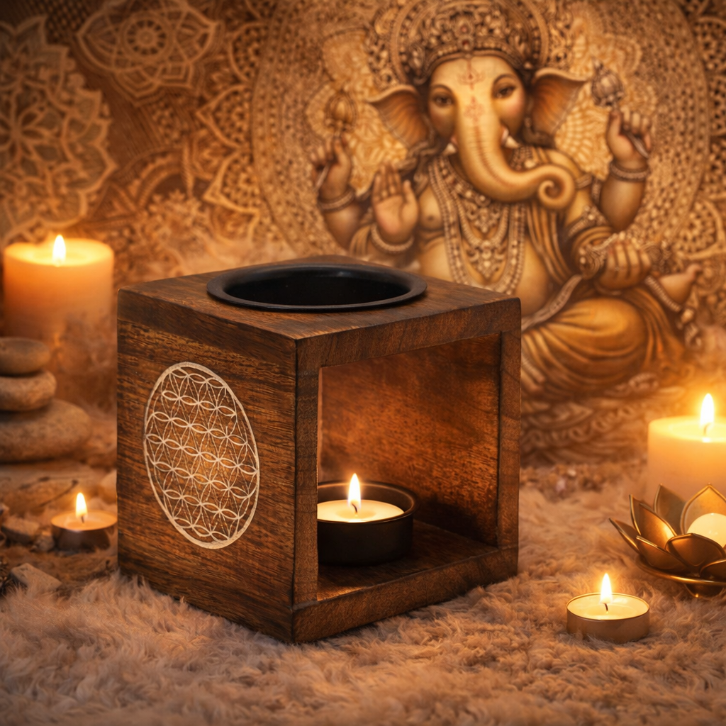 🔥 Brûleur à Huile en Bois – Fleur de Vie (Fait Main en Inde) ✨ L’Instant Namasté – Herve