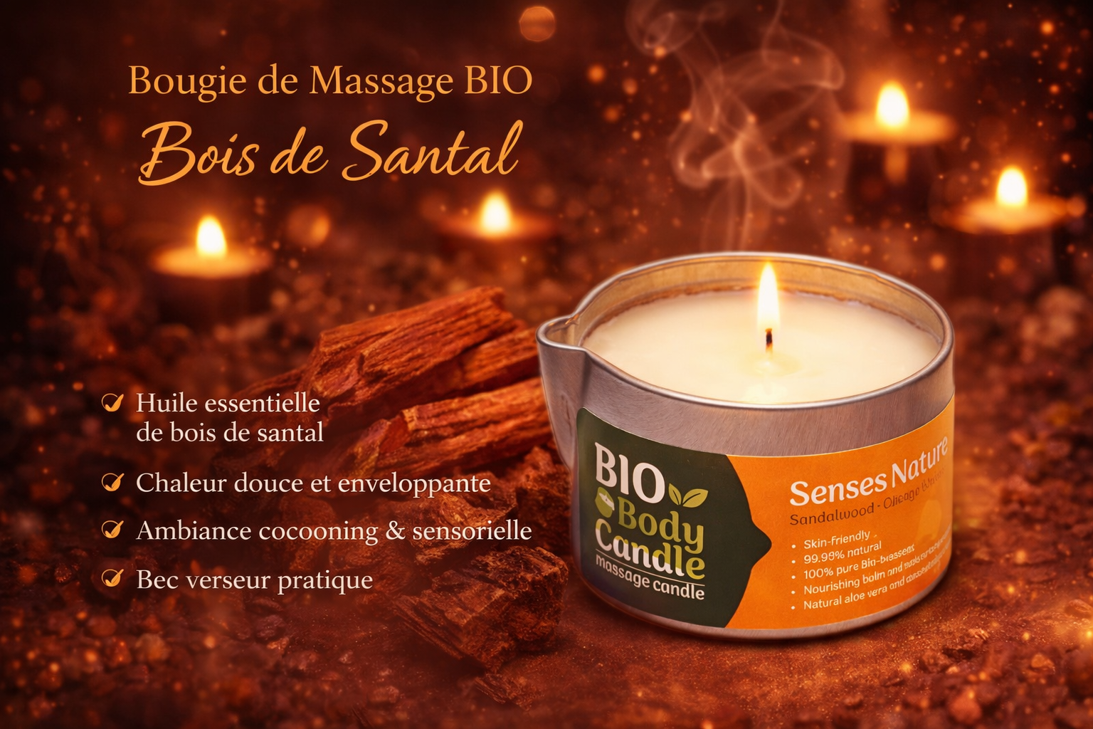 🔥 Bougie de Massage BIO Bois de Santal – 100 ml 🔥