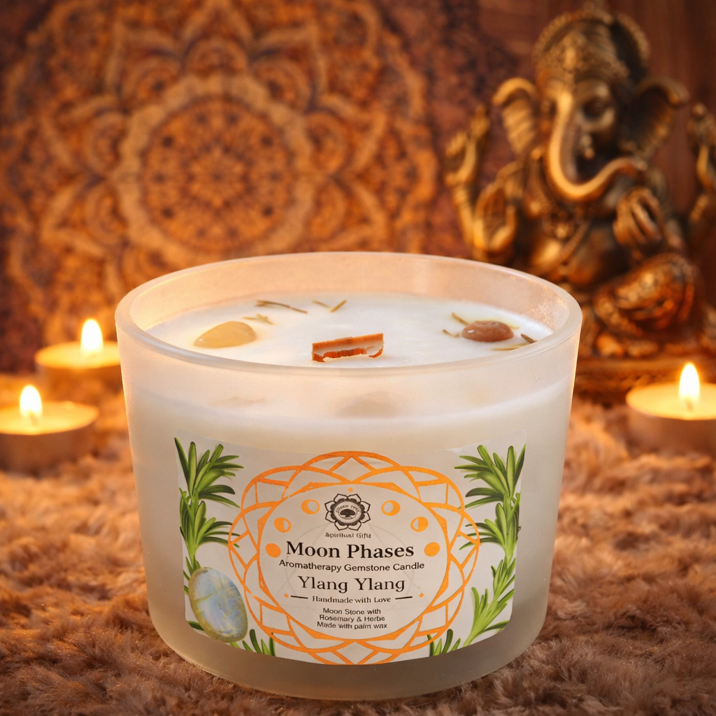 🌙 Bougie “Phases de la Lune” – Pierre de Lune & Ylang Ylang – 256g ✨ Rituel • Intuition • Détente – L’Instant Namasté Herve
