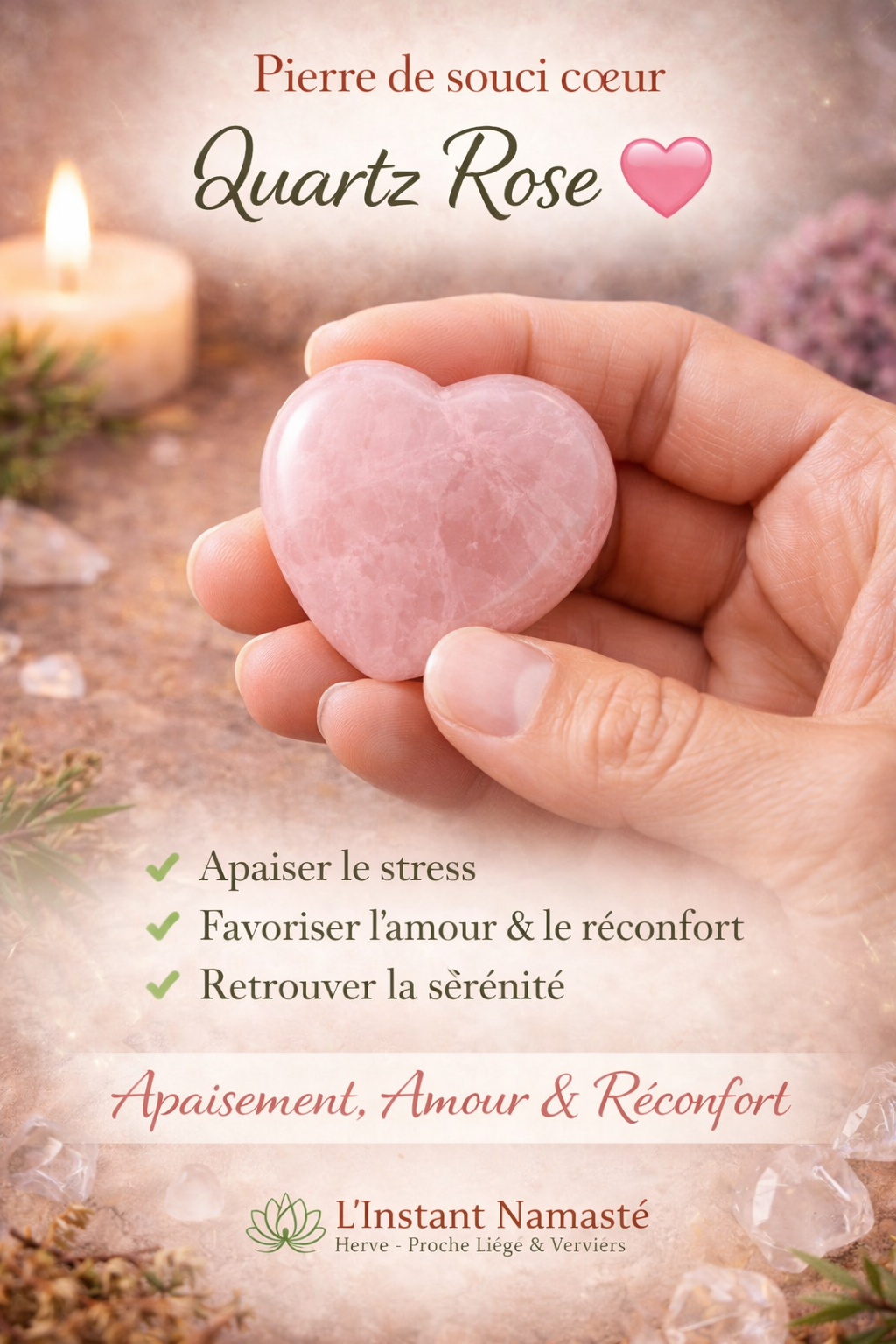 💎 Pierre de souci cœur Quartz Rose 💗 – Apaisement, Amour & Réconfort